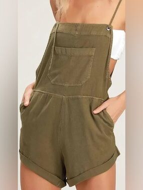 BILLABONG Olive Green Women’s Linen-Look Romper Overalls